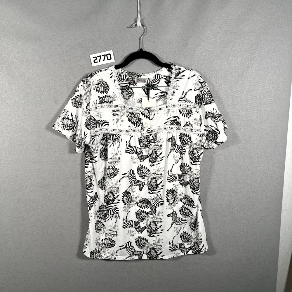 JV Joan Vass Blouse Top Women Large White Black Animal Print Lace Detail Stretch
